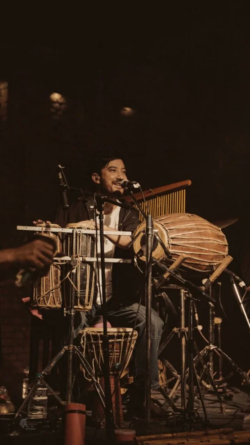 Dhime and madal drums played during a Khwopa Band set