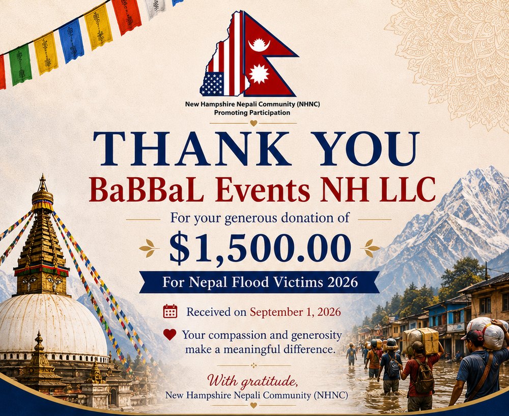 New Hampshire Nepali Community thank-you for a $1,500 donation from BaBBaL Events NH LLC for Nepal Flood Victims 2026, received September 1, 2026