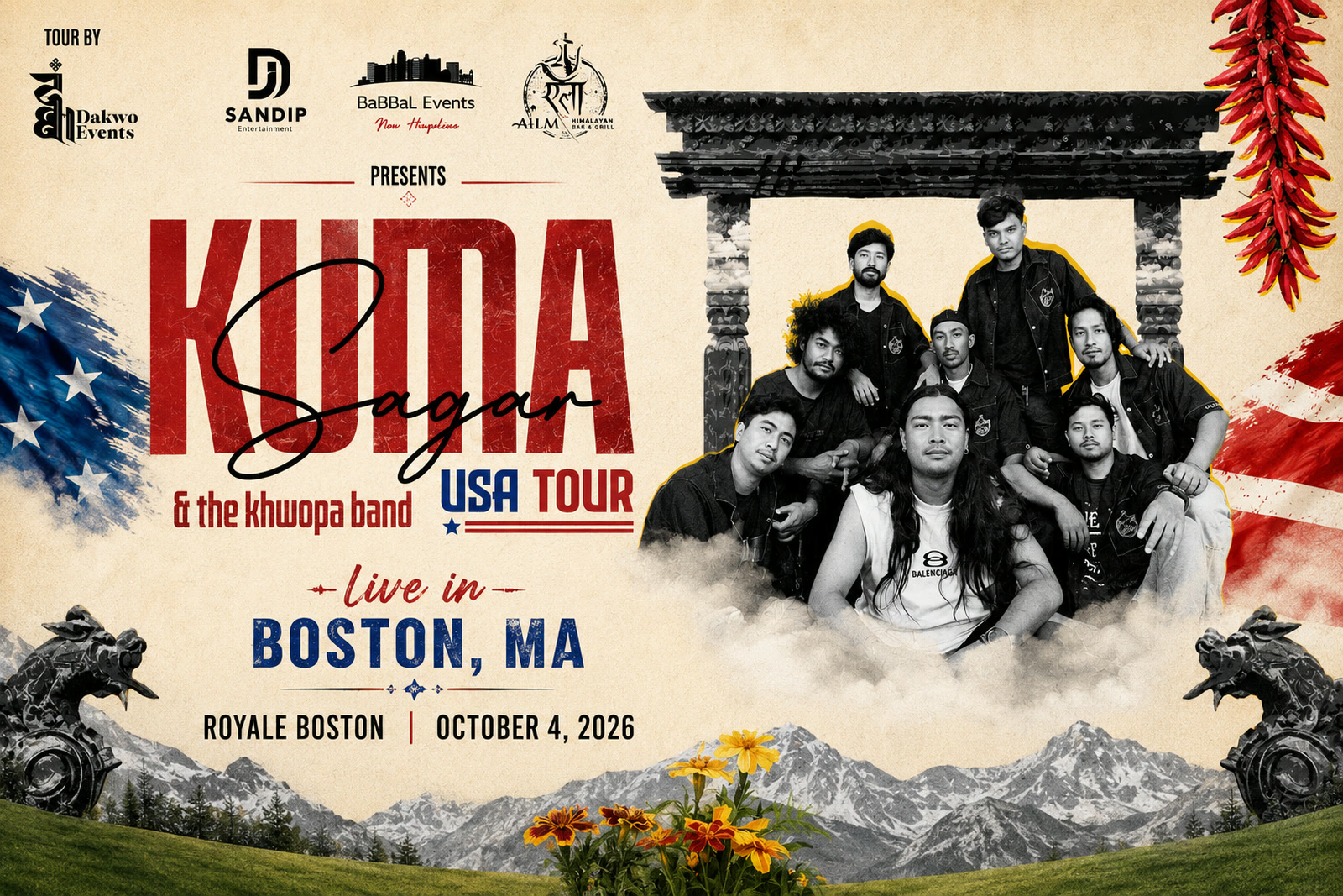 Official tour poster: Kuma Sagar & The Khwopa Band, USA Tour 2026, live at Royale Boston on Sunday, October 4, 2026